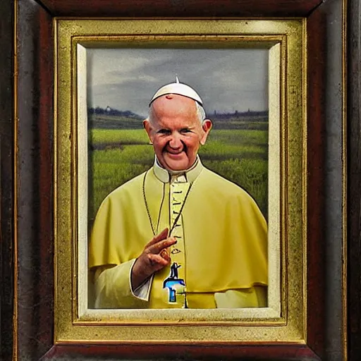 Prompt: Pope John Paul II gamboling on a meadow