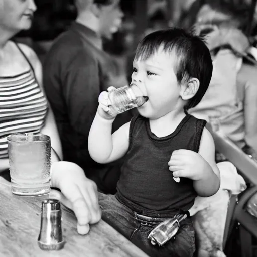Image similar to an award winning photograph of a toddler downing a beer at the pub, holding a cigarette
