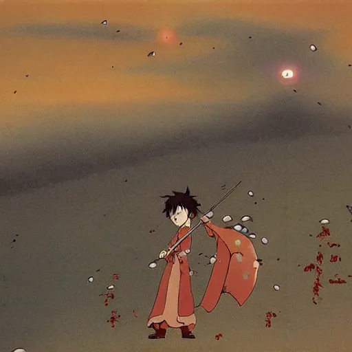 Prompt: a dreamy landscape by Hayao Miyazaki, medieval weapons raining from the sky