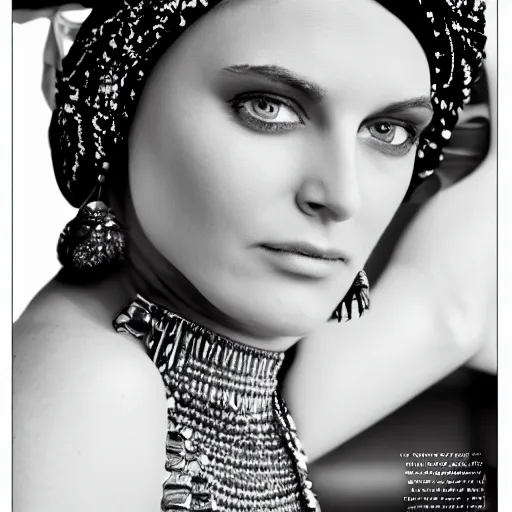 Prompt: beautiful extreme closeup frontpage of blue turban fashion magazine portrait photo of britt marling, highly detailed