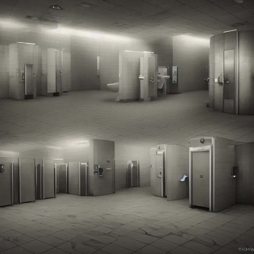 Image similar to an infinite public restroom with endless stalls and endless sinks fading into the distance, cinematic lighting, volumetric lighting, award winning photography, highly detailed, intricate, sharp focus, 4 k wallpaper, unreal engine, 9 0 mm, f / 1. 4