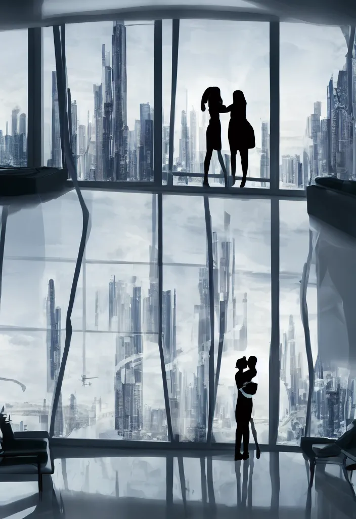 Prompt: silhouette of hugging couple in a futuristic appartment, window with a futuristic city, rossdraws, global illumination, radiant light, detailed and intricate environment