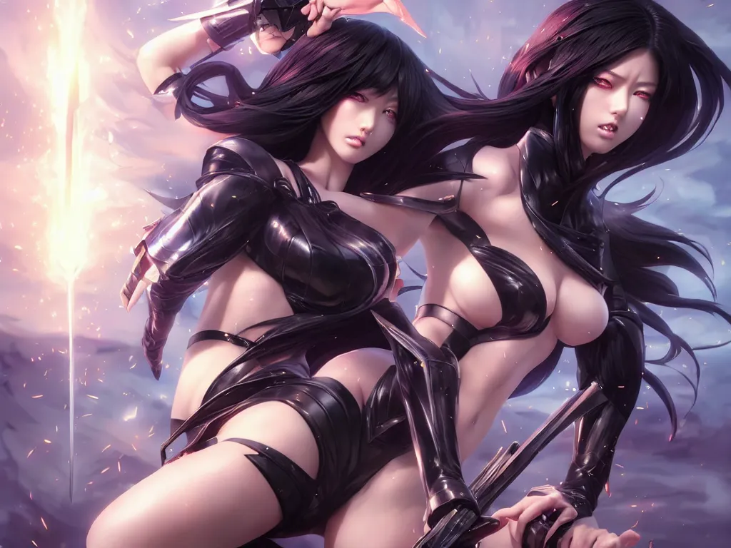 Image similar to extremely beautiful aesthetic girl with ego weapons, black long hair, occlusion shadow, specular reflection, rim light, unreal engine, octane render, artgerm, artstation, art by hiroaki samura and jiro matsumoto and yusuke murata, high quality, highly detailed 8 k, fantasy illustration, beautiful shape of body, epic scene