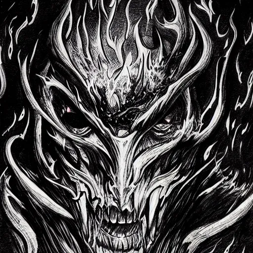 Prompt: character concept art diablo lord of terror engulfed in flames, detailed ink drawing by Dmitriy Tkach