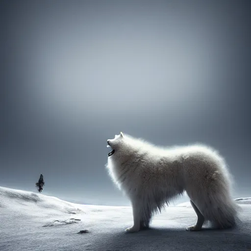 Prompt: giant sleeping ( ( ( ( samoyed ) ) ) ) creature creature in a tundra landscape, dramatic lighting, moody : : by michal karcz, daniel merriam, victo ngai and guillermo del toro : : ornate, dynamic, particulate, intricate, elegant, highly detailed, centered, artstation, smooth, sharp focus, octane render, 3 d