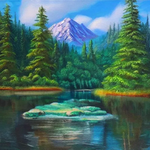 Prompt: beautiful oil painting depicting a mountain covered by a forest, there is a lake, and a small cabin, fantasy, sunny, a lot of green