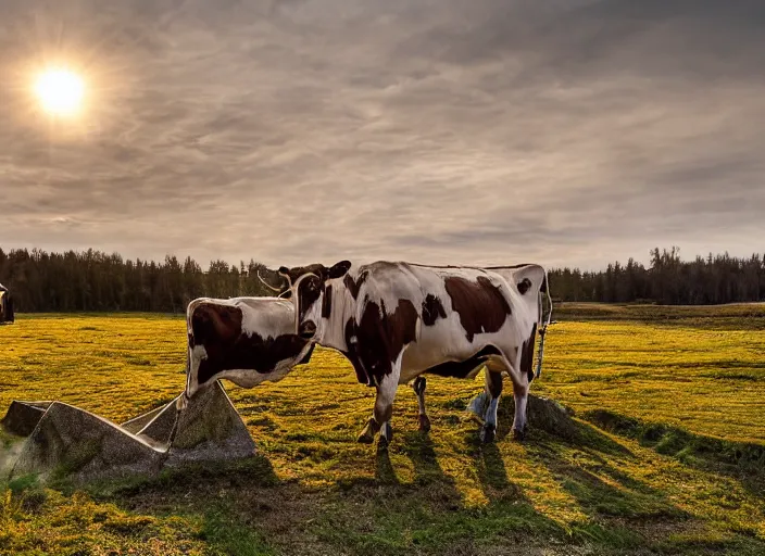 Prompt: nordic mire, an ice sculpture of a 1 9 th century farming woman milking a cow, scenic sunrise, hdr, photorealism, mist, enchanting scenery, nikon d 8 5 0, wide lens, sigma 5 5