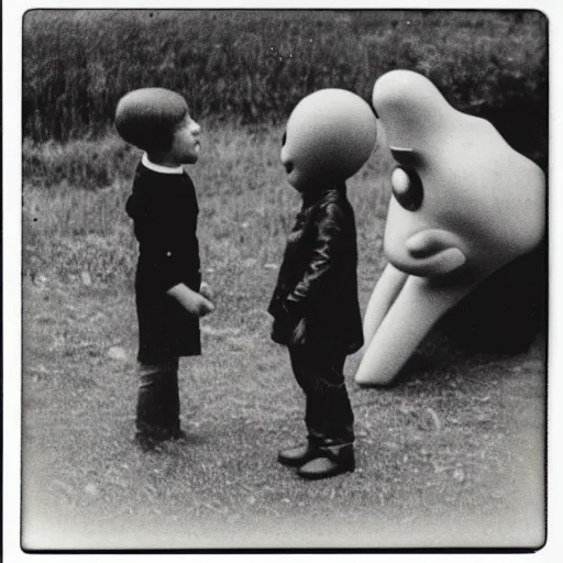 Image similar to a black and white polaroid photo of an alien meeting a human