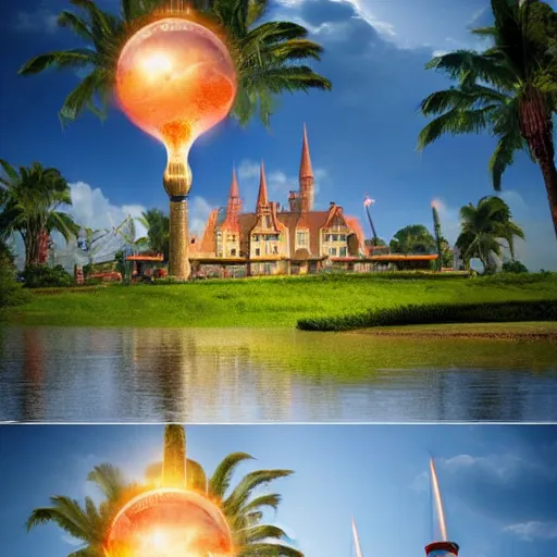 Image similar to a castle surrounded by giant palm trees on a giant floating island in the sky, giant light bulb glowing in the sky, cinematic, digital art by erik johansson, 8 k resolution, hyper detailed, sharp focus