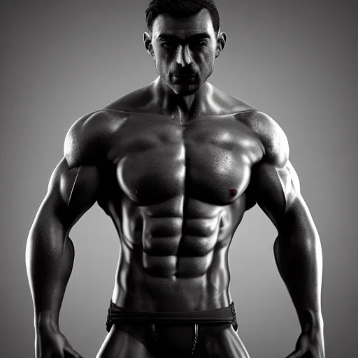 Image similar to extremely muscular ernest khalimov flexing, dslr, award winning, 8 k, octane beautifully detailed render, grayscale, cinematic lighting, detailed photo, masterpiece, volumetric lighting, ultra realistic, highly detailed, high quality, lossless, photorealistic, sharp focus, hd