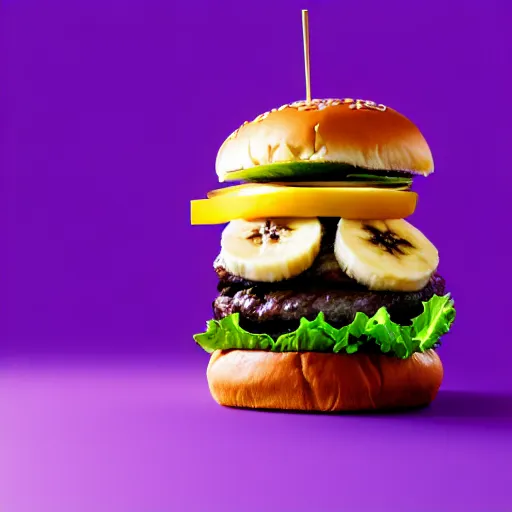 Image similar to a stock photo of a banana on a burger on a purple background, product photography, f 2. 4, bokeh effect, award winning