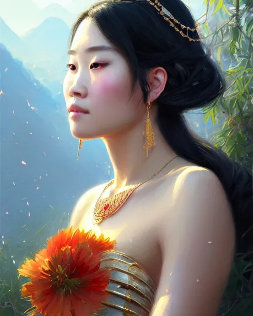 Prompt: a beautiful taiwan goddess with sundress with jewelry | | winter, realistic shaded, unpleasant face, good looking, fine details, realistic shaded lighting poster by greg rutkowski, magali villeneuve, artgerm, jeremy lipkin and michael garmash and rob rey