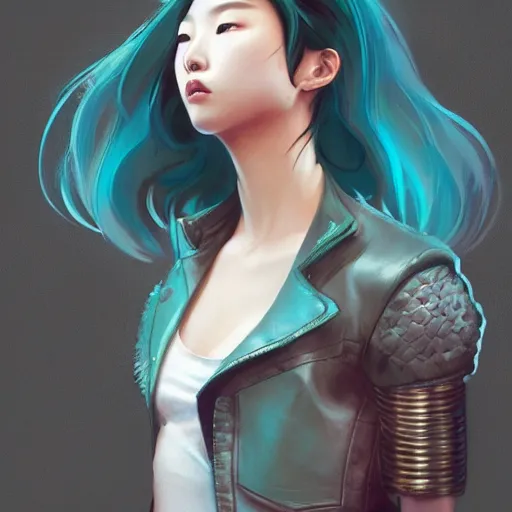 Image similar to Full body of Korean female wearing futuristic short teal leather jacket and 1980s shorts, expressive pose, intricate, elegant, highly detailed, digital painting, artstation, concept art, smooth, sharp focus, illustration, art by artgerm and greg rutkowski and alphonse mucha