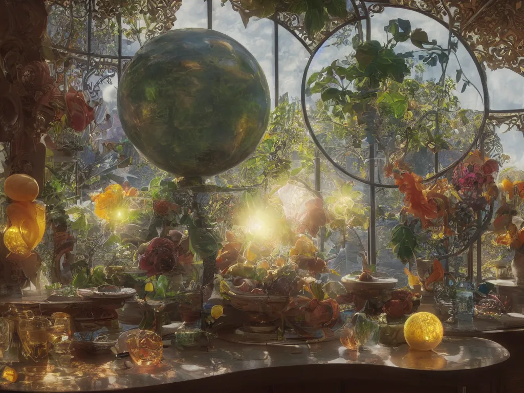 Image similar to 3 d render, sunlight study, the universe is a spheroid region 7 0 5 meters in diameter, art nouveau, by cornelis de heem and ( ( ( ( ( lisa frank ) ) ) ) ), 8 k, sharp focus, octane render