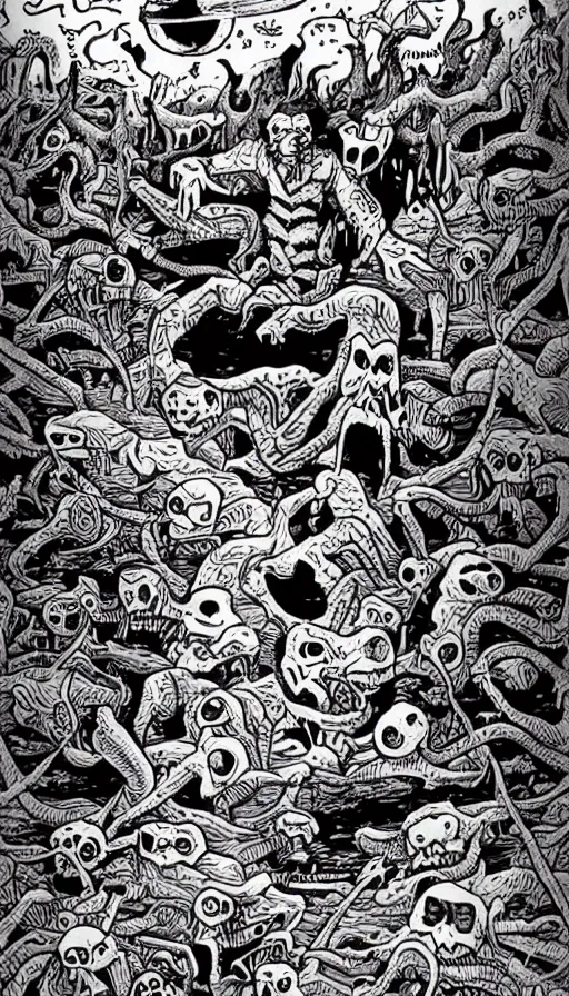 Image similar to man on boat crossing a body of water in hell with creatures in the water, sea of souls, by jhonen vasquez