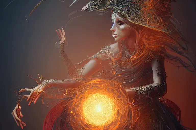 Image similar to Magician, female, fantasy, bangles, explosion, dramatic, intricate, elegant, highly detailed, digital painting, artstation, concept art, smooth, sharp focus, illustration, art by Hieronomous Bosch, octane render