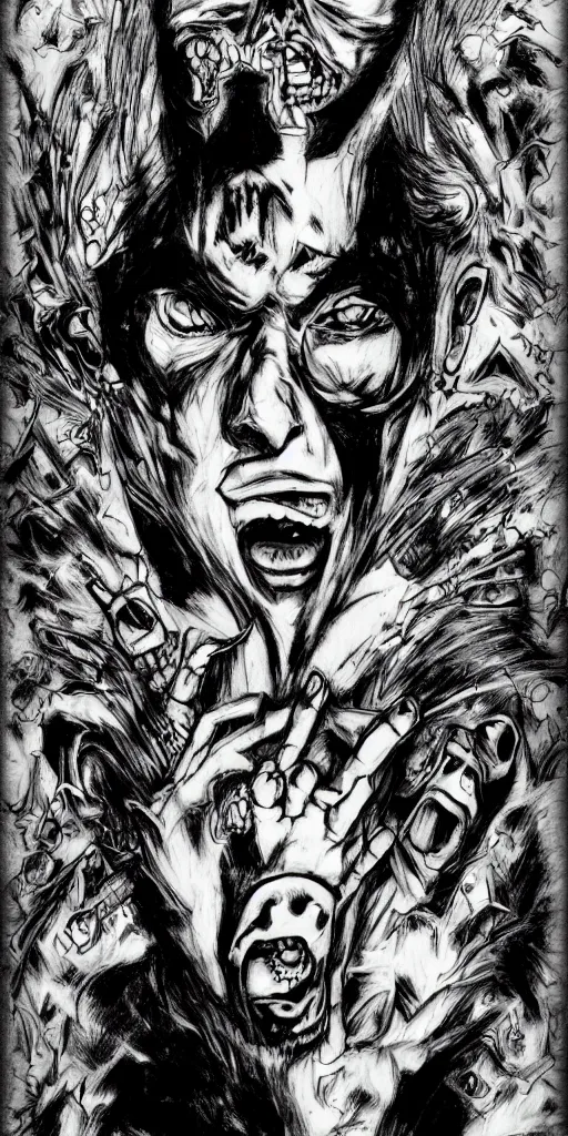 Prompt: Jojo bizarre adventure, horror, creepy, dark, manga, pencil, inspired by junji ito, superior quality, masterpiece