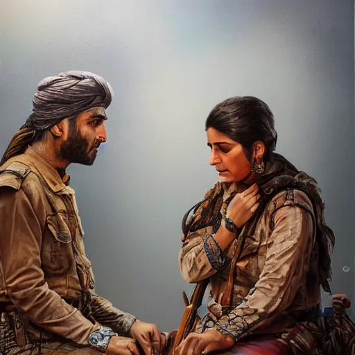 Image similar to Kurdish interpreter, award winning painting, incredibly detailed, extremely detailed, trending on artstation, hyperealistic, 8k hd