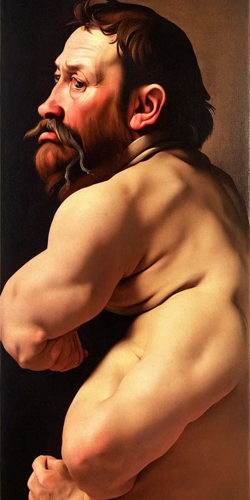 Image similar to middle-aged strong man with short light brown hair and short beard, very realistic, very detailed, 4k masterpiece, art by Caravaggio