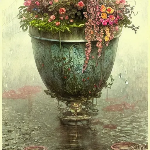 Prompt: a beautifull intricate watercolor painting of potted planter with flowers inside sitting on wet sidewalk, reflexions, raindrops, high details by william turner art, greg rutkowski and alphonse mucha, trending on artstation, very very detailed, masterpiece,