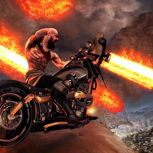 Image similar to kratos jumping a black harley - davidson motorcycle off a cliff, cinematic render, playstation studios official media, god of war 2 0 1 8, flames, centered