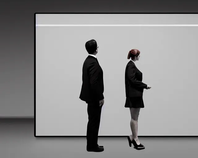 Prompt: a man standing next to a woman in front of a whiteboard, a computer rendering by Richard Artschwager, behance, modular constructivism, matte drawing, matte painting, studio portrait, diorama