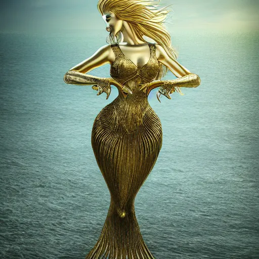 Image similar to gold and silver tones, mermaid, style of moebius, james jean, rutkowski, cinematic, high detail, award winning, 8 k photorealistic