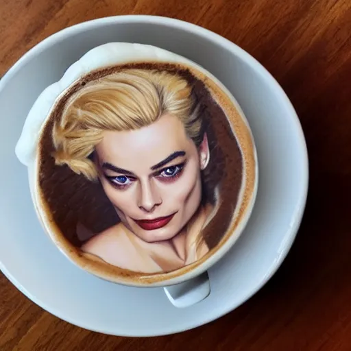 Prompt: a photo of realistic margot robbie latte art in a cup of coffee, highly detailed