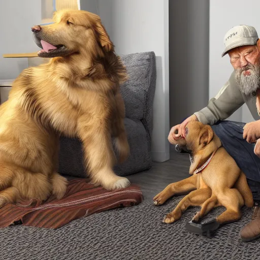 Image similar to a picture of an old man with 2 giant dogs next to him living in a small apartment, German shepard and a golden retriever, midwestern redneck life, sharp edges, realistic image, 8k UHD, arnold render, realism, dramatic, HD, high details