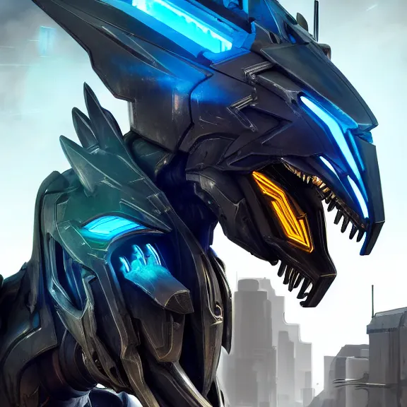 Image similar to cinematic shot, 35 foot tall detailed beautiful handsome quadrupedal feral robot mecha dragon, sharp edged black armor, gold accents, sleek blue OLED visor for eyes, four legs, walking in busy neon city streets, sharp paws, epic shot, highly detailed art, sci fi, furry, 3D realistic, warframe fanart, destiny fanart, furry art, dragon art, feral art, macro art, furaffinity, DeviantArt, sofurry