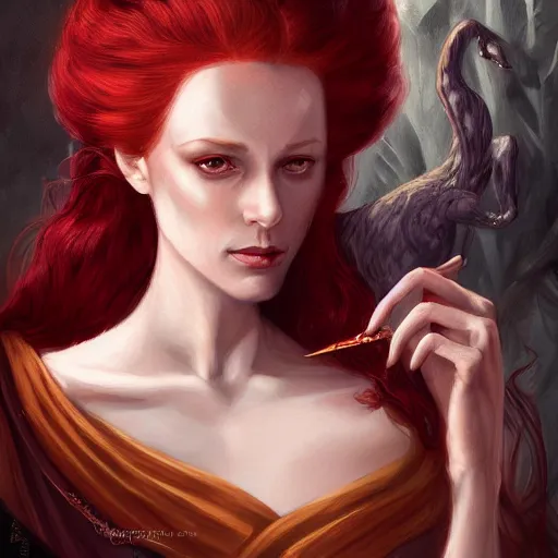 Image similar to a detailed matte head - on portrait painting of an middle - aged tiefling elegant and distinguished noblewoman with golden eyes and short long flowing red hair, by charlie bowater, lise deharme, wlop, tending on arstation, dungeons and dragon, dnd, pathfinder, fanart, oil on canvas