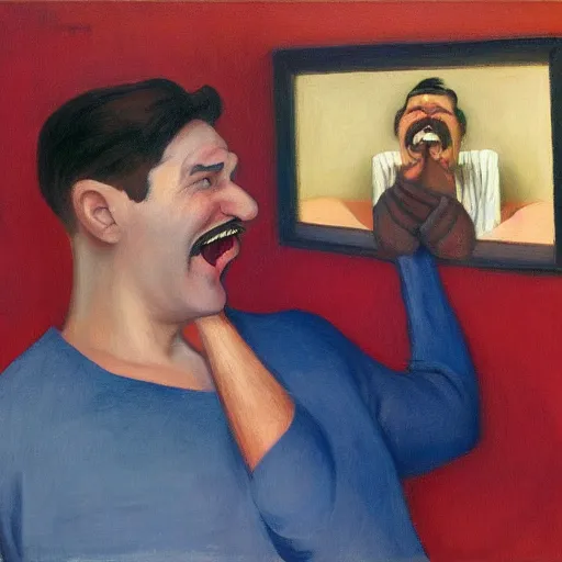 Prompt: long shot of a man with brown hair and mustache laughing with a short brown hair boy with red shirt by pj crook, edward hopper, oil on canvas