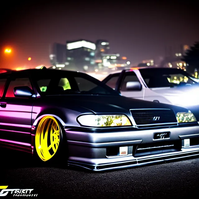 Image similar to a car JZX100 twin turbo drift at illegal car meet, Kanagawa prefecture, city midnight mist lights, cinematic lighting, photorealistic, highly detailed wheels, high detail