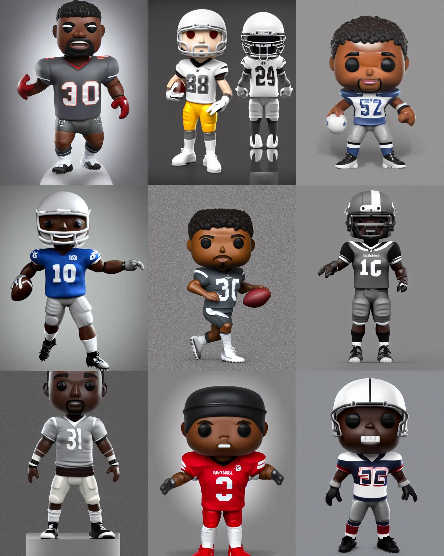 Prompt: full body 3 d render of a football player as a funko pop!, studio lighting, grey background, single body, no shadow, blender, trending on artstation, 8 k, highly detailed