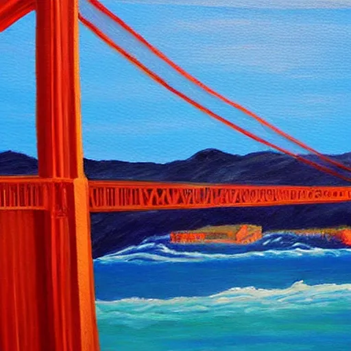 Prompt: a painting of the golden gate bridge in san francisco, a fine art painting by elaine duillo, featured on dribble, american scene painting, nightscape, impressionism, acrylic art,
