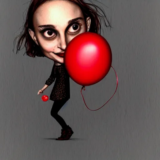 Image similar to surrealism grunge cartoon portrait sketch of natalie portman with a wide smile and a red balloon by - michael karcz, loony toons style, freddy krueger style, horror theme, detailed, elegant, intricate