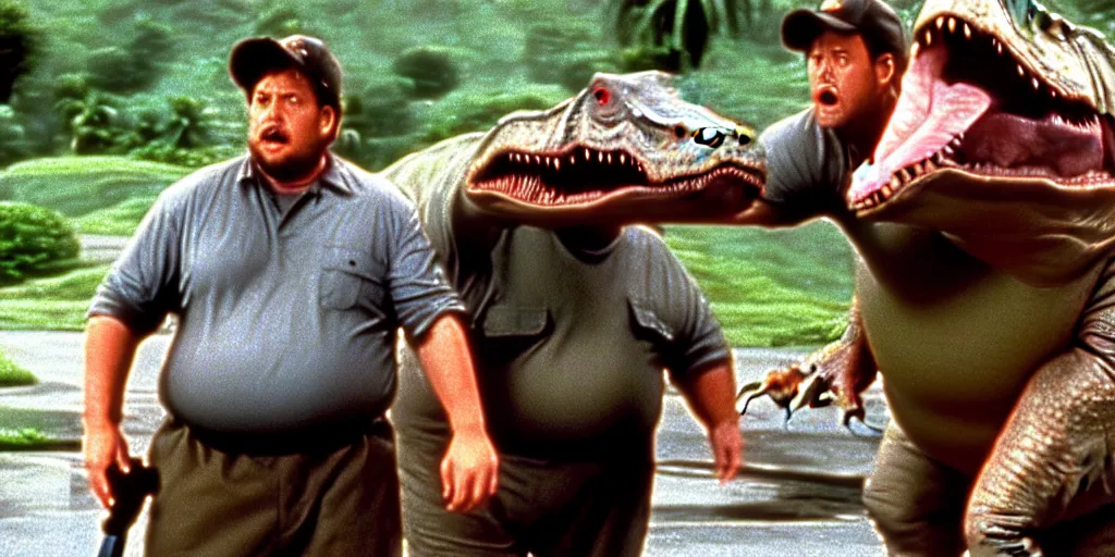Prompt: a very dull still from jurassic park ( 1 9 9 3 ) of a janitor and a fat dinosaur