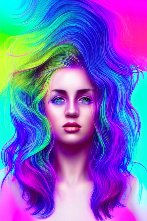 Image similar to a award winning half body portrait of a beautiful woman with stunning eyes in a croptop and cargo pants with rainbow colored ombre hairstyle head in motion and hair flying by thomas danthony, surrounded by whirling illuminated liquids, outrun, vaporware, shaded flat illustration, digital art, trending on artstation, highly detailed, fine detail, intricate