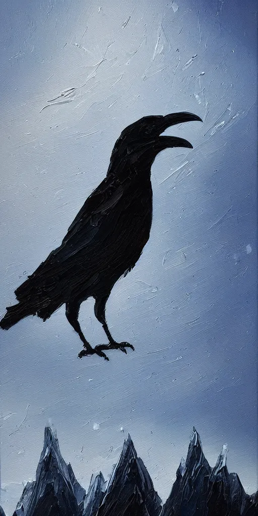 Image similar to an abstract oil painting of a crow on top of a dark winter mountain; hyper-detailed; an extraordinary masterpiece!!!; flawless; trending on artstation