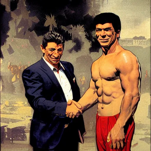 Image similar to tony khan and vince mcmahon shaking hands, stylized behance by syd mead, frank frazetta, ken kelly, simon bisley, richard corben, william - adolphe bouguereau