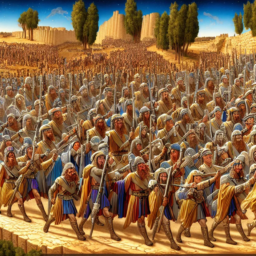 Image similar to the army of ancient israel marching behind the ark of the covenant around the walls of ancient jericho, by lisa frank, mark brooks, 8 k high detail