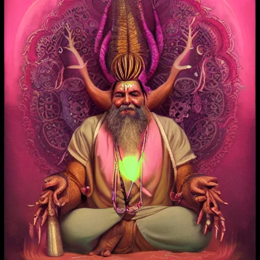 Image similar to wise old Indian guru, multiple arms, large ears, pink and gold , by Anato Finnstark, Tom Bagshaw, Brom