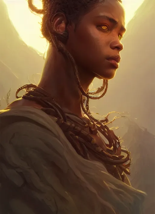 Image similar to highly detailed portrait of protagonist from elden ring, brown skin, adventure game, d & d, fantasy art by greg rutkowski, stanley artgerm, loish, rhads, tom bagshaw, global illumination, radiant light, detailed and intricate environment