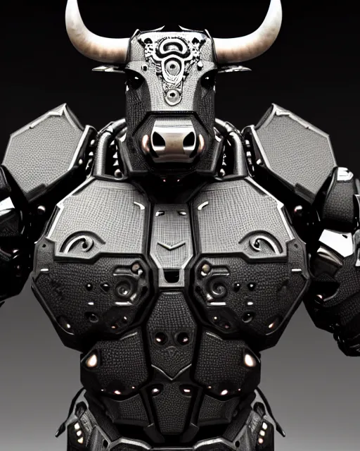 Image similar to a full body shot of an imposing cyborg bull modeled after a bull looking into the camera, contrast lighting, black skin!!!, intricate pattern, hard rubber chest, highly detailed, android, cyborg, full body shot, intricate, 3 d, symmetrical, octane render, fantasy, highly detailed, digital art, artstation, strong bokeh, black face