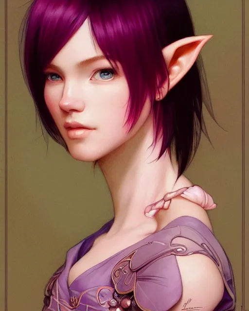 Image similar to portrait of a pink short haired till shoulder half elf with bangs, intricate, elegant, highly detailed, my rendition, digital painting, artstation, concept art, smooth, sharp focus, illustration, art by artgerm and greg rutkowski and alphonse mucha and uang guangjian and gil elvgren and sachin teng and wlop, symmetry!!