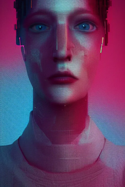 Prompt: creepy unsetting dramatic human portrait, unreal engine, octane render, blender 3D, Photoshop, vaporwave, synthwave, ambient, retro, futurism, pixel sorting, glitch art, abstract art