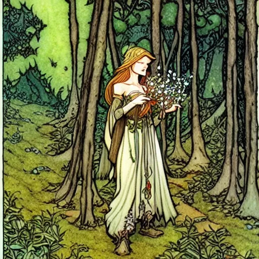 Prompt: Elven Herbalist collecting flowers in the forest. Absurdly-detailed fantasy character illustration by Rebecca Guay and Wayne Reynolds
