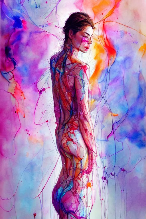 Prompt: sophia vergara by agnes cecile enki bilal moebius, intricated details, 3 / 4 back view, full body portrait, extremely luminous bright design, pastel colours, drips, autumn lights