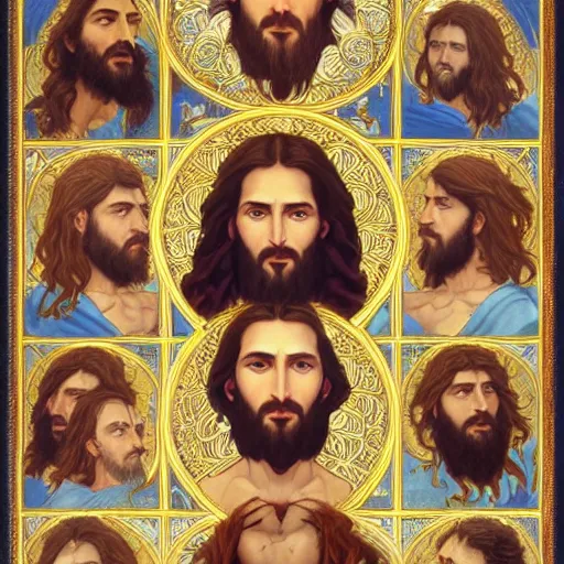 Image similar to an extremely detailed illuminated manuscript of a ridiculously good looking jesus that looks like a jewish gigachad with his 1 2 apostle entourage, long curly hair, elegant ancient greek dress, very detailed, windy beach, beautiful, intricate, cinematic, artstation, william bouguereau, alphonse mucha, greg rutkowski, rossdraws, octane render