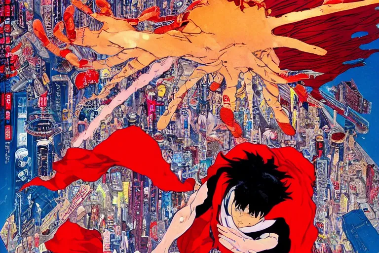 Prompt: Ariel view of Tetsuo wearing torn red cape with incredibly powerful right arm consuming Neo-Tokyo created by Hideaki Anno + Katsuhiro Otomo +Rumiko Takahashi, Movie poster style, box office hit, a masterpiece of storytelling, (Akira 1988) highly detailed 8k